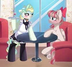 Size: 1746x1638 | Tagged: safe, artist:freyamilk, derpibooru import, angel wings, vapor trail, pegasus, pony, bell, bell collar, clothes, collar, drink, drinking straw, duo, duo female, female, image, jpeg, maid, mare, table