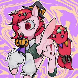 Size: 2560x2560 | Tagged: safe, artist:metaruscarlet, derpibooru import, oc, oc:metaru scarlet, unofficial characters only, pegasus, pony, accessory, clothes, costume, halloween, halloween costume, hat, holiday, image, one eye closed, pegasus oc, png, pumpkin, pumpkin bucket, ribbon, wings, wink, witch hat