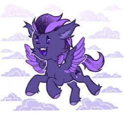 Size: 563x522 | Tagged: safe, artist:chukcha, derpibooru import, oc, oc:shadow galaxy, unofficial characters only, pegasus, pony, chibi, cloud, commission, cute, ear fluff, female, happy, hooves, image, mare, open mouth, png, simple background, spread wings, unshorn fetlocks, wings