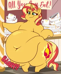 Size: 3550x4300 | Tagged: suggestive, artist:graphenescloset, derpibooru import, sunset shimmer, pony, unicorn, banner, belly, big belly, bingo wings, bipedal, buffet, butt, chubby cheeks, commission, fat, female, high res, huge belly, huge butt, image, large butt, obese, onomatopoeia, overweight, png, slobset shimmer, solo, solo female, stomach noise, stuffed, thighs, thunder thighs, weight gain, ych result