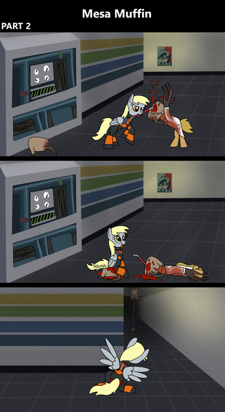 Size: 1920x3516 | Tagged: semi-grimdark, artist:platinumdrop, derpibooru import, derpy hooves, ponified, pegasus, pony, undead, zombie, comic:mesa muffin, armor, barnacle (half-life), black mesa, blood, bloody, butt, clothes, commission, corner, crossover, crowbar, crushed, death, determined, duo, female, folded wings, food, gordon freeman, half-life, hallway, headcrab, headcrab zombie, hev suit, image, indoors, iron plot, looking around corner, mare, mouth hold, muffin, onomatopoeia, open mouth, plot, png, poster, rear view, scientist, sitting, sound effects, spread wings, squish, tongue out, tool, violence, walking, weapon, wings
