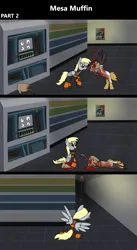 Size: 1920x3516 | Tagged: semi-grimdark, artist:platinumdrop, derpibooru import, derpy hooves, ponified, pegasus, pony, undead, zombie, comic:mesa muffin, armor, barnacle (half-life), black mesa, blood, bloody, butt, clothes, commission, corner, crossover, crowbar, crushed, death, determined, duo, female, folded wings, food, gordon freeman, half-life, hallway, headcrab, headcrab zombie, hev suit, image, indoors, iron plot, looking around corner, mare, mouth hold, muffin, onomatopoeia, open mouth, plot, png, poster, rear view, scientist, sitting, sound effects, spread wings, squish, tongue out, tool, violence, walking, weapon, wings