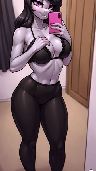 Size: 576x1024 | Tagged: questionable, ai content, derpibooru import, machine learning generated, octavia melody, bedroom eyes, belly button, bra, breasts, clothes, derpibooru exclusive, generator:easyfluff v11.2, image, jpeg, mobile phone, pantyhose, phone, selfie, smartphone, underwear