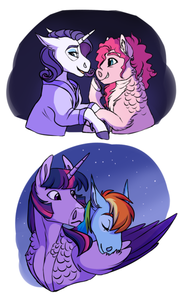Size: 1500x2500 | Tagged: safe, artist:silkybell, derpibooru import, pinkie pie, rainbow dash, rarity, twilight sparkle, pony, female, g4, image, lesbian, png, ship:raripie, shipping, simple background, smiling, transparent background, twidash