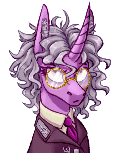 Size: 1200x1500 | Tagged: safe, artist:mr.catfish, derpibooru import, pony, unicorn, equestria at war mod, clothes, curly hair, ear fluff, eaw redux, eleanor laimova, female, frown, glasses, gray mane, horn, image, long ears, looking at you, necktie, pink eyes, png, purple wool, serious, serious face, sharp horn, simple background, solo, transparent background