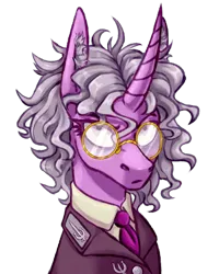 Size: 1200x1500 | Tagged: safe, artist:mr.catfish, derpibooru import, pony, unicorn, equestria at war mod, clothes, curly hair, ear fluff, eaw redux, eleanor laimova, female, frown, glasses, gray mane, horn, image, long ears, looking at you, necktie, pink eyes, png, purple wool, serious, serious face, sharp horn, simple background, solo, transparent background