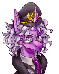 Size: 1200x1500 | Tagged: safe, artist:mr.catfish, derpibooru import, pony, unicorn, equestria at war mod, clothes, curly hair, ear fluff, eaw redux, eleanor laimova, female, frown, glasses, gray mane, horn, image, long ears, looking at you, military uniform, necktie, pink eyes, png, purple wool, serious, serious face, sharp horn, simple background, solo, transparent background, uniform