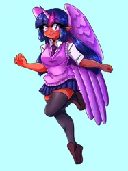 Size: 2100x2801 | Tagged: safe, artist:mylittleyuri, derpibooru import, twilight sparkle, twilight sparkle (alicorn), alicorn, human, blue background, breasts, busty twilight sparkle, clothes, elf ears, eyebrows, eyebrows visible through hair, female, horn, horned humanization, humanized, image, looking at you, moderate dark skin, png, schoolgirl, simple background, skirt, smiling, smiling at you, socks, solo, stockings, sweater vest, thigh highs, winged humanization, wings, zettai ryouiki