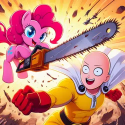 Size: 1024x1024 | Tagged: safe, ai content, artist:meshari7, derpibooru import, machine learning generated, pinkie pie, human, pony, anime, chainsaw, crossover, duo, female, image, jpeg, male, one punch man, open mouth, open smile, prompter:meshari7, saitama, smiling