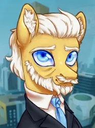 Size: 838x1128 | Tagged: safe, artist:mr.catfish, derpibooru import, oc, unofficial characters only, earth pony, pony, equestria at war mod, beard, blue background, blue eyes, blurry background, bust, city, clothes, ear fluff, eaw redux, elderly, eyebrows, facial hair, image, jpeg, looking at you, moustache, necktie, portrait, shirt, simple background, smiling, smiling at you, solo, white mane, wrinkles