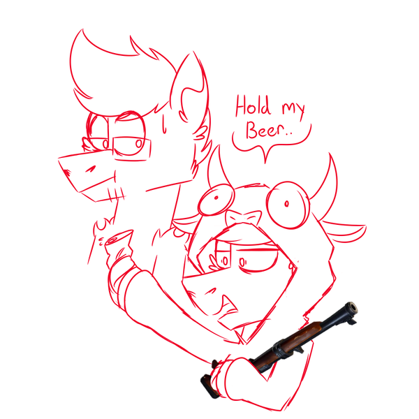 Size: 900x900 | Tagged: safe, artist:fuckomcfuck, derpibooru import, oc, oc:doodles, unnamed oc, earth pony, pegasus, pony, alcohol, beer, beer can, can, drink, fortnite, glasses, hunting rifle, image, png, simple background, speech bubble, sweat, sweatdrop, white background