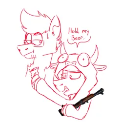 Size: 900x900 | Tagged: safe, artist:fuckomcfuck, derpibooru import, oc, oc:doodles, unnamed oc, earth pony, pegasus, pony, alcohol, beer, beer can, can, drink, fortnite, glasses, hunting rifle, image, png, simple background, speech bubble, sweat, sweatdrop, white background