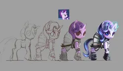 Size: 2048x1191 | Tagged: safe, artist:xyq, derpibooru import, starlight glimmer, pony, unicorn, buckle, clothes, commission, dress, female, glow, glowing horn, gray background, hoof shoes, horn, image, jpeg, mare, simple background, solo