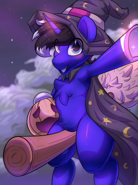 Size: 3000x4000 | Tagged: safe, artist:nanazdina, derpibooru import, oc, oc:night reader, bat pony, pony, unicorn, belly, belly fluff, broom, chest fluff, flying, flying broomstick, halloween, hat, holiday, image, misleading thumbnail, not a penis, png, pumpkin, solo, witch hat