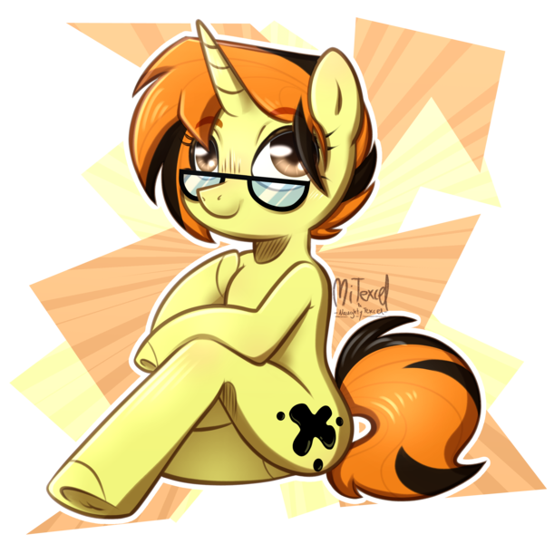 Size: 2820x2768 | Tagged: safe, artist:mitexcel, derpibooru import, oc, oc:merille artienda, unofficial characters only, anthro, pony, unicorn, anatomically incorrect, black highlights, brown eyes, closed mouth, cute, glasses, image, incorrect leg anatomy, nonbinary, orange mane, orange tail, photo, png, short mane, short tail, sitting, solo, tail, yellow coat