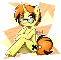 Size: 2820x2768 | Tagged: safe, artist:mitexcel, derpibooru import, oc, oc:merille artienda, unofficial characters only, anthro, pony, unicorn, anatomically incorrect, black highlights, brown eyes, closed mouth, cute, glasses, image, incorrect leg anatomy, nonbinary, orange mane, orange tail, photo, png, short mane, short tail, sitting, solo, tail, yellow coat