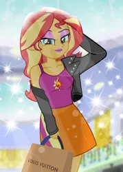 Size: 4944x6912 | Tagged: safe, artist:emeraldblast63, derpibooru import, sunset shimmer, human, equestria girls, black friday, canterlot mall, clothes, eyeshadow, female, holiday, image, jacket, lipstick, louis vuitton, makeup, png, shirt, shopping, skirt, smiling, solo