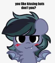 Size: 1576x1800 | Tagged: safe, artist:ninnydraws, derpibooru import, oc, oc:scrimmy, unofficial characters only, bat pony, pony, bat pony oc, bat wings, blushing, boykisser, fangs, image, looking at you, male, meme, png, simple background, smug, solo, text, white background, wings, you like kissing bats