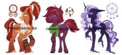 Size: 1280x581 | Tagged: safe, artist:primrosepaper, derpibooru import, oc, unofficial characters only, earth pony, pony, unicorn, clothes, coat markings, ethereal mane, female, green sclera, hoof fluff, image, long feather, magical lesbian spawn, mare, offspring, pale belly, parent:cheerilee, parent:nightmare applejack, parent:nightmare rarity, parent:princess luna, parent:rockhoof, png, scarf, simple background, slit pupils, standing on two hooves, starry mane, transparent background, trio, unshorn fetlocks, watermark