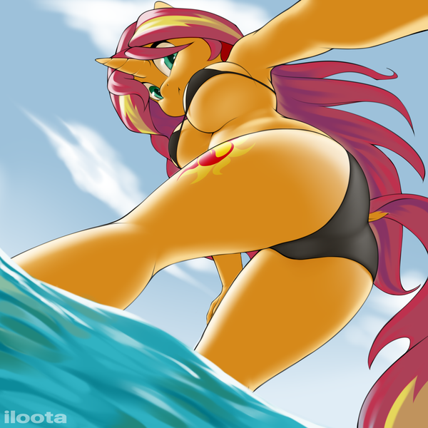 Size: 4000x4000 | Tagged: suggestive, artist:iloota, derpibooru import, sunset shimmer, anthro, unicorn, annoyed, ass, bent over, bikini, breasts, bunset shimmer, busty sunset shimmer, butt, cleavage, clothes, dock, female, image, looking at you, looking back, looking back at you, ocean, png, selfie, solo, solo female, swimsuit, tail, water