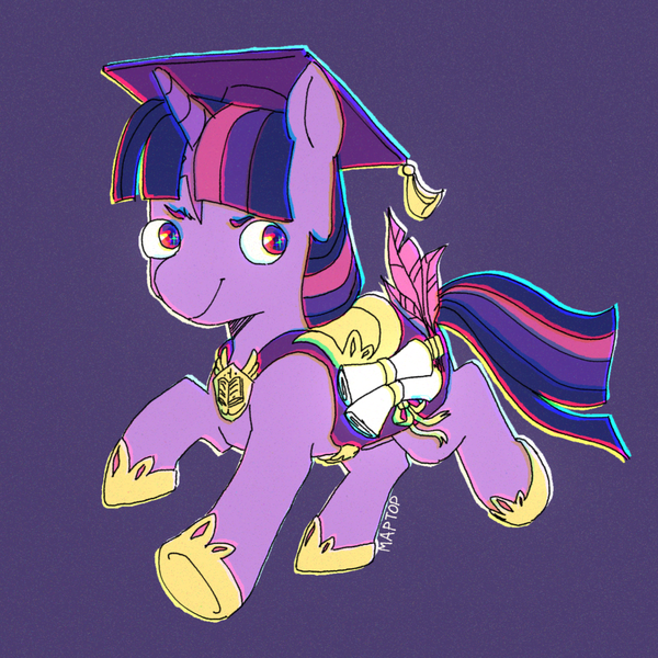 Size: 1269x1269 | Tagged: safe, artist:emptygoldstudio, derpibooru import, twilight sparkle, pony, unicorn, female, graduation cap, hat, image, mare, png, purple background, saddle, scroll, simple background, smiling, solo, tack, unicorn twilight