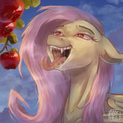 Size: 1918x1921 | Tagged: safe, artist:ankhel, derpibooru import, fluttershy, bat pony, pegasus, pony, apple, bat ponified, drool, drool string, eyebrows, eyelashes, fangs, female, floppy ears, flutterbat, food, forked tongue, heart, heart eyes, image, mare, mawshot, open mouth, png, race swap, salivating, sky, solo, stars, sternocleidomastoid, tongue out, wingding eyes, wings