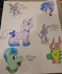 Size: 640x760 | Tagged: safe, artist:mintwhistle, derpibooru import, big cat, dragon, leopard, pegasus, pony, rabbit, snow leopard, unicorn, g1, g5, my little pony: make your mark, spoiler:g5, spoiler:my little pony: make your mark, spoiler:my little pony: make your mark chapter 6, spoiler:mymc06e02, spoiler:mymc06e04, allura, alternate hairstyle, animal, antagonist, aq bars, auroricorn, bandana, blaze (coat marking), bow, bucktooth, bust, coat markings, colored horn, dialogue, ear piercing, evil laugh, facial markings, fangs, female, frown, full body, g5 to g1, generation leap, horn, horns, image, implied cutie mark, implied cutie mark theft, jewelry, jpeg, jumping, laughing, leaf (dragon), looking at each other, looking at someone, looking back, looking down, male, mare, missing accessory, multicolored horn, my little pony: make your mark chapter 6, necklace, open mouth, open smile, piercing, secrets of starlight, shocked, shocked expression, smiling, speech bubble, stallion, style emulation, tail, tail bow, talking, thunder flap, traditional art, twitch (g5), unamused, villainess, violet frost, winged big cat