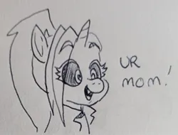 Size: 1829x1388 | Tagged: safe, artist:pony quarantine, derpibooru import, oc, oc:dyx, unofficial characters only, alicorn, pony, bust, dialogue, eye clipping through hair, female, filly, foal, image, jpeg, open mouth, open smile, pen drawing, smiling, solo, traditional art, your mom