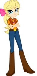 Size: 827x1680 | Tagged: safe, artist:aledurano, derpibooru import, megan williams, human, equestria girls, g1, belt, boots, bow, clothes, coat, cowboy boots, crossed arms, denim, dreamworks face, eyebrows, hair bow, high heel boots, image, jeans, jewelry, looking at you, necklace, older, pants, png, raised eyebrow, shirt, shoes, simple background, smiling, smiling at you, smirk, solo, transparent background