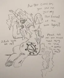 Size: 3276x3960 | Tagged: safe, artist:jargon scott, derpibooru import, oc, oc:okie dokey loki, unofficial characters only, pony, unicorn, bandaid, black eye, blood, bruised, crying, cut, dialogue, female, grayscale, image, jpeg, magical lesbian spawn, mare, monochrome, offspring, older, parent:oc:dyx, parent:oc:filly anon, parents:oc x oc, pencil drawing, scratches, sharp teeth, solo, talking to viewer, teeth, traditional art, underhoof, unusual pupils