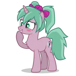 Size: 2800x2800 | Tagged: safe, derpibooru import, oc, oc:magicalmysticva, unofficial characters only, pony, unicorn, blushing, bow, cute, female, hair bow, hoof on chin, image, mare, pigtails, pink body, png, raised hoof, simple background, solo, sweat, sweatdrops, teal mane, transparent background, twintails, vector