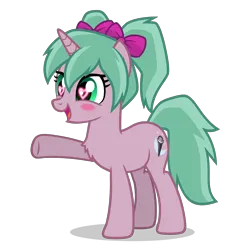 Size: 2800x2800 | Tagged: safe, derpibooru import, oc, oc:magicalmysticva, unofficial characters only, pony, unicorn, blushing, bow, chest fluff, cute, female, green eyes, hair bow, heart, heart eyes, image, in love, mare, open mouth, pigtails, pink body, pink bow, png, raised hoof, simple background, solo, transparent background, twintails, vector, wingding eyes