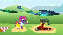 Size: 3238x1821 | Tagged: safe, derpibooru import, oc, oc:pinkmane, unofficial characters only, alicorn, dragon, hybrid, longma, alicorn oc, background, basket, clothes, dirt, duo, fire, fire magic, horn, image, magic, magic circle, mane of fire, picnic, picnic basket, picnic blanket, png, spell, summoning, summoning circle, volvagia, wings