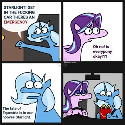 Size: 1440x1440 | Tagged: safe, artist:falloutfurret, derpibooru import, starlight glimmer, trixie, anthro, unicorn, 4 panel comic, annoyed, car, comic, dialogue, door, drama queen, driving, duo, eyebrows, eyebrows visible through hair, female, g4, happy meal, image, jewelry, lesbian, mcdonald's, png, ring, shipping, smiling, speech bubble, starlight glimmer is not amused, startrix, unamused, vulgar, wedding ring