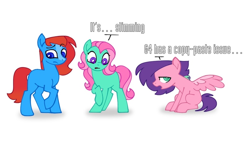 Size: 1572x901 | Tagged: safe, artist:partyponypower, derpibooru import, coconut grove, minty, waterfire, earth pony, pegasus, pony, g3, dialogue, g3 to g4, g4, generation leap, image, jpeg, pink mane, purple mane, red mane, simple background, sitting, unamused, white background