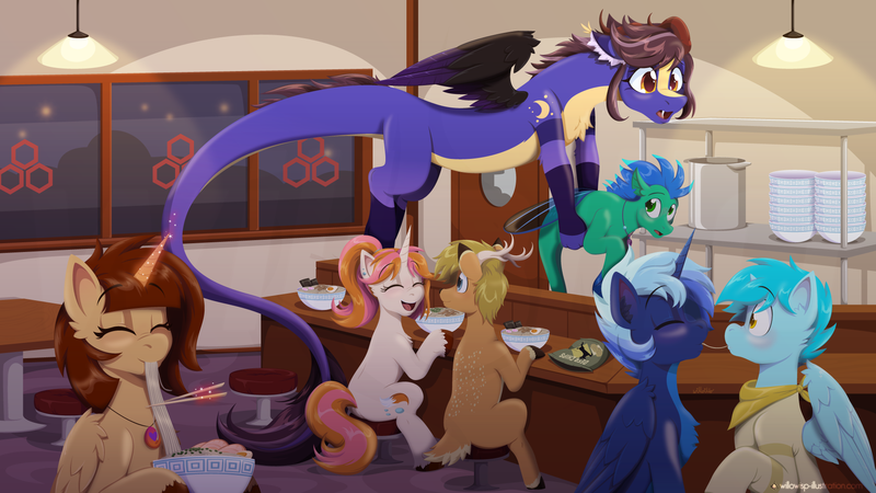 Size: 1920x1080 | Tagged: safe, artist:willoillo, derpibooru import, oc, unofficial characters only, alicorn, deer, pony, sea pony, unicorn, blushing, butt, commission, food, furry, image, imminent kissing, noodles, plot, png, quadrupedal, ramen, sitting