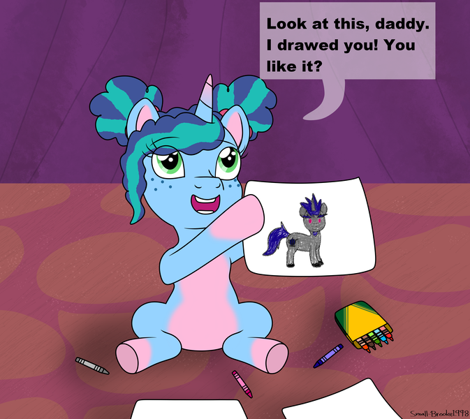 Size: 3195x2847 | Tagged: safe, artist:small-brooke1998, derpibooru import, alphabittle (g5), pony, unicorn, g5, art, child, craft, crayon, crystal tea room, drawing, image, misty brightdawn, paper, png, proud, smiling, younger