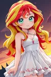 Size: 1024x1536 | Tagged: safe, ai content, derpibooru import, editor:sammykun, machine learning generated, sunset shimmer, human, chibi, child, clothes, cute, dress, female, humanized, image, jpeg, prompter:sammykun, shimmerbetes, sleeveless, sleeveless dress, solo, white dress, young, younger, younger female