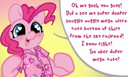 Size: 2000x1208 | Tagged: safe, artist:nootaz, derpibooru import, boneless, gummy, pinkie pie, earth pony, pony, clothes, cute, dialogue, diapinkes, female, gradient background, heart, heart eyes, image, jpeg, mare, open mouth, open smile, shirt, smiling, solo, speech bubble, talking to viewer, wingding eyes
