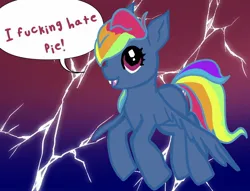 Size: 2000x1526 | Tagged: safe, artist:nootaz, derpibooru import, rainbow dash, pegasus, pony, secrets and pies, evil pie hater dash, fangs, female, image, jpeg, lightning, mare, solo, speech bubble, vulgar