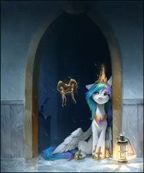 Size: 1638x1971 | Tagged: safe, artist:ramiras, derpibooru import, princess celestia, alicorn, pony, doll, image, lamp, lonely, png, rain, solo, toy