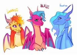 Size: 2407x1714 | Tagged: safe, artist:peachmichea, derpibooru import, dragon, g5, my little pony: make your mark, blaize skysong, bust, dragoness, female, fountain (g5), image, jpeg, looking at you, luxxe, my little pony: make your mark chapter 6, name, simple background, smiling, the isle of scaly, trio, white background