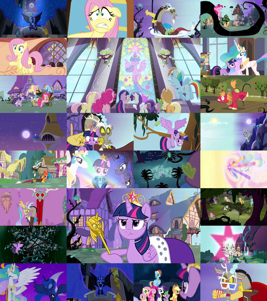 Size: 1280x1440 | Tagged: safe, derpibooru import, screencap, applejack, big macintosh, discord, fluttershy, nightmare moon, pinkie pie, princess celestia, princess luna, rainbow dash, rarity, spike, tree of harmony, twilight sparkle, zecora, princess twilight sparkle (episode), black vine, canterlot, canterlot castle, chest of harmony, element of generosity, element of honesty, element of kindness, element of laughter, element of loyalty, element of magic, elements of harmony, female, image, mane seven, mane six, moon, png, royal sisters, scepter, siblings, sisters, stained glass, sun