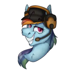 Size: 2300x2300 | Tagged: safe, artist:molars, derpibooru import, rainbow dash, pony, bust, cap, chest fluff, hat, headphones, image, long mane, looking at you, microphone, png, portrait, raised eyebrows, simple background, smiling, smirk, smug, solo, team fortress 2, transparent background