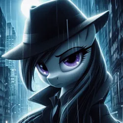 Size: 1024x1024 | Tagged: safe, ai content, derpibooru import, machine learning generated, octavia melody, earth pony, pony, building, bust, city, cityscape, clothes, coat, fedora, female, full moon, g4, generator:dall-e 3, hat, image, jpeg, looking at you, mafia, mafia octavia, manehattan, mare, moon, necktie, night, noir, prompter:tyto4tme4l, rain, serious, serious face, solo, streetlight