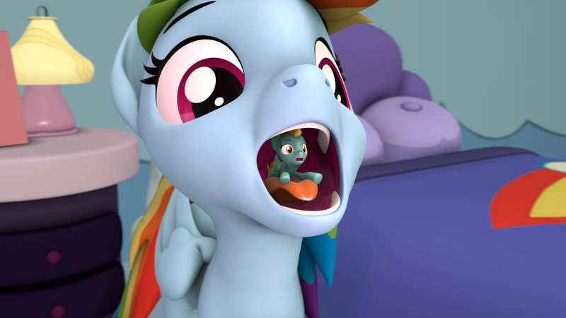 Size: 1280x720 | Tagged: questionable, artist:~stuffguy123, derpibooru import, lightning dust, rainbow dash, pegasus, pony, 3d, animated, eaten alive, fetish, image, mawplay, no sound, open mouth, png, preddash, size difference, source filmmaker, swallowing, unwilling prey, uvula, vore