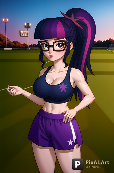 Size: 945x1432 | Tagged: suggestive, ai content, derpibooru import, machine learning generated, sci-twi, twilight sparkle, human, equestria girls, big breasts, breasts, busty twilight sparkle, cleavage, clothes, female, g4, glasses, human coloration, image, png, prompter:ainovice, shorts, solo, solo female, solo focus, sports bra, sports shorts