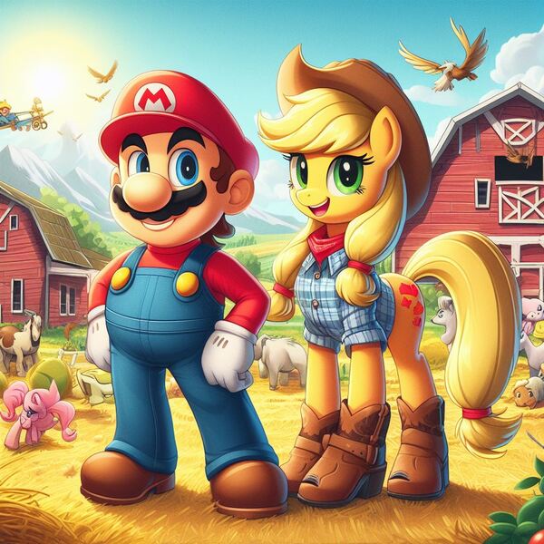 Size: 1024x1024 | Tagged: safe, ai content, artist:user15432, derpibooru import, machine learning generated, applejack, earth pony, human, pony, alternate cutie mark, animal, barn, boots, clothes, cowboy boots, cowboy hat, crossover, farm, farm animals, farmer, generator:bing image creator, hand on hip, hat, image, jpeg, looking at you, mario, open mouth, open smile, shoes, smiling, super mario bros.