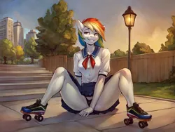 Size: 2560x1920 | Tagged: suggestive, ai content, derpibooru import, machine learning generated, rainbow dash, anthro, clothes, evening, female, g4, image, panties, park, png, prompter:groupstation, roller skates, school uniform, sitting, skates, skirt, skyscraper, smiling, solo, solo female, spread legs, spreading, streetlight, stupid sexy rainbow dash, thong, tree, underwear, upskirt
