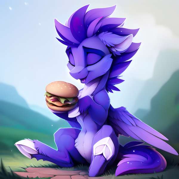 Size: 3072x3072 | Tagged: safe, ai content, derpibooru import, machine learning generated, oc, oc:shadow galaxy, unofficial characters only, pegasus, pony, belly button, burger, cheeseburger, chest fluff, ear fluff, ethereal mane, eyes closed, fangs, fluffy, food, generator:easyfluff v11.2, grass, hamburger, high res, hooves, image, meat, mountain, open mouth, png, ponies eating meat, prompter:shad0w-galaxy, sitting, solo, starry eyes, starry mane, underhoof, wingding eyes, wings